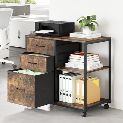 VINGLI 3 Drawer File Cabinet with Wheels Under Desk Printer Stand, Rolling File Cabinet with Shelves Adjustable, Mobile Lateral Filing Cabinet for Home Office, Fits Letter Size, Rustic Brown
