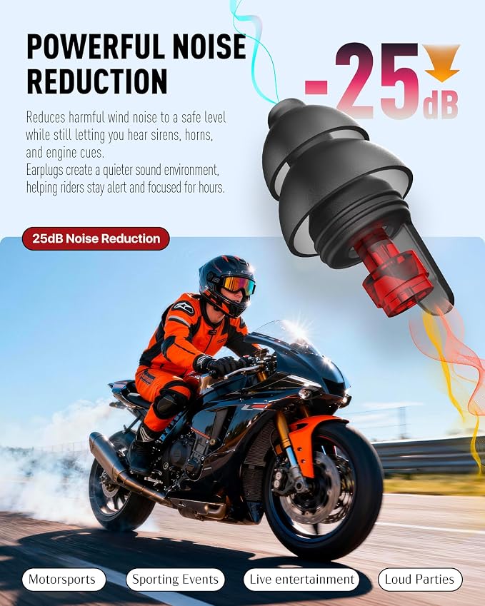 Motorcycle Ear Plugs for Wind Noise Reduction, 2 Pairs Reusable Motorcycle Accessories - Moto Earplugs, Soft Comfortable Hearing Protection for Motorbike, Touring, Racing, Riding - 25dB, 2 Sizes
