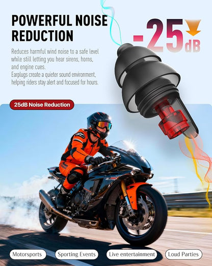 Motorcycle Ear Plugs for Wind Noise Reduction, 2 Pairs Reusable Motorcycle Accessories - Moto Earplugs, Soft Comfortable Hearing Protection for Motorbike, Touring, Racing, Riding - 25dB, 2 Sizes