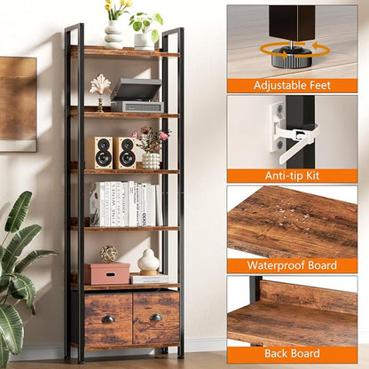 Furologee 6-Tier Bookshelf, Tall 71" Rustic Bookcase with 2 Drawers Storage Organizer, Industrial Display Free Standing Shelf Units, Wood and Metal Storage Rack for Home Office, Bedroom, Rustic Brown | Bookcase