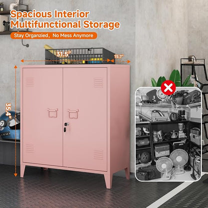 Metal Storage Cabinet 35.4”H Locking Storage Cabinet (Pink) | With 2 Adjustable Shelves and Doors, Pink Small Storage Cabinet for Home Warehouse Office Garage
