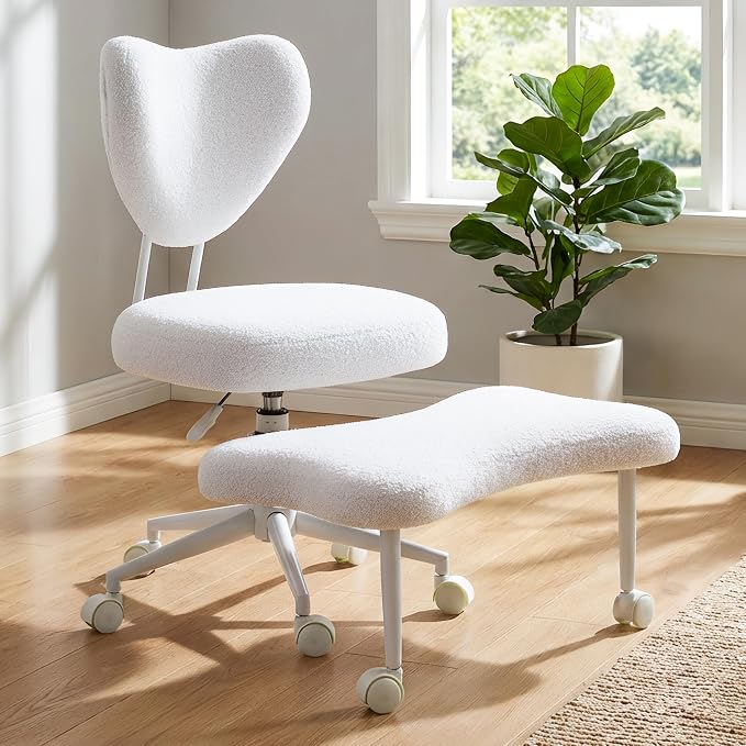 Cross Legged Office Chair with Wheels, 360 Swivel Height-Adjustable Meditation Chair with Lumbar Support, White