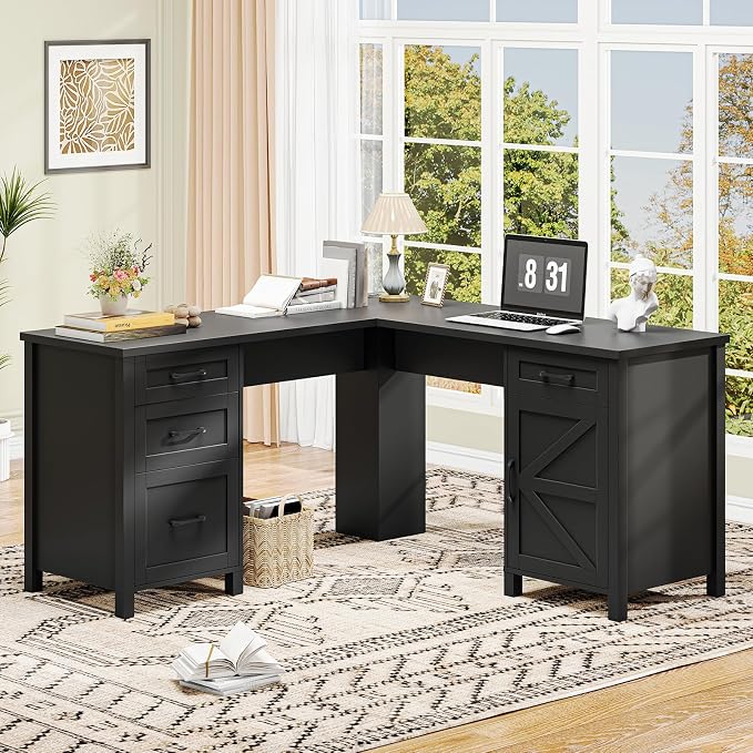 Vabches 59” L Shaped Executive Desk with Power Outlets, Farmhouse Home Office Desk with File Drawer,Storage Cabinet, Wood Corner Sturdy Writing Workstation.Black