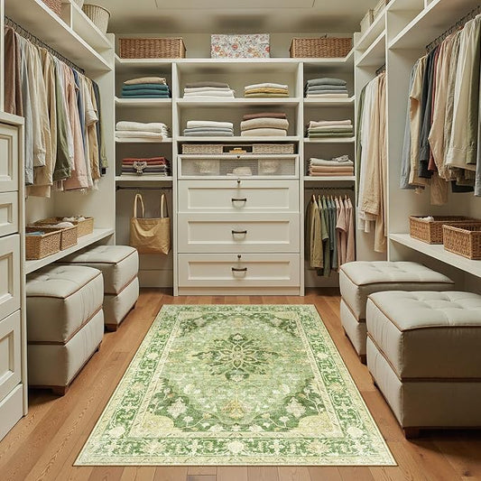 RELEANY Area Rugs 3'x5' Washable Non-Slip, Floral Vintage Distress Medallion Carpet for Living Room Bedroom Dining Room, Sage Green Yellow