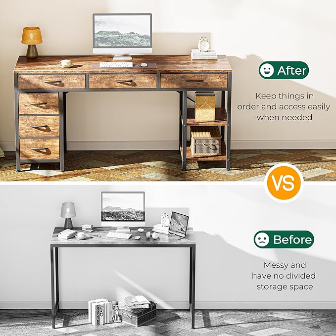 Huuger Computer Desk with 6 Drawers, Office Desk with Shelves, Reversible Gaming Desk, Corner Desk with Storage, Work for Home Office, Study, Living Room, 54inch, Rustic Brown
