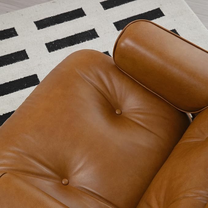 Mid Century Chaise Lounge Chair with Ottoman, Luxury Oil-Waxed Leather Reading Chair, Modern Chair Classic Design, Heavy Duty Base Support for Living Room Study Lounge Office Walnut Light Brown