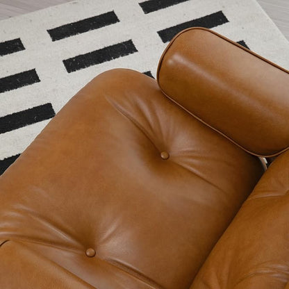 Mid Century Chaise Lounge Chair with Ottoman, Luxury Oil-Waxed Leather Reading Chair, Modern Chair Classic Design, Heavy Duty Base Support for Living Room Study Lounge Office Walnut Light Brown