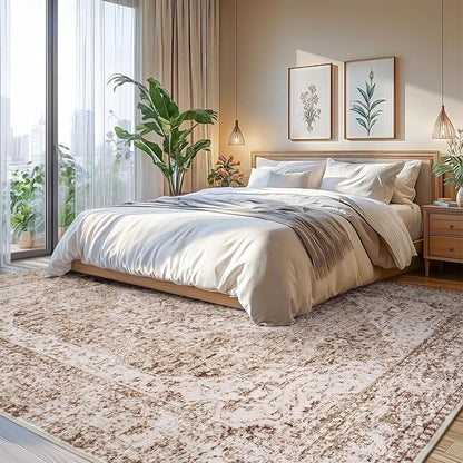 Lofus 9x12 Area Rugs for Living Room, Washable Area Rug, Big Rugs for Bedroom, Kitchen, Vintage Boho Carpet, Soft Non-Slip, Low Pile Large Area Rug for Office Dining Room, Vintage Beige Brown