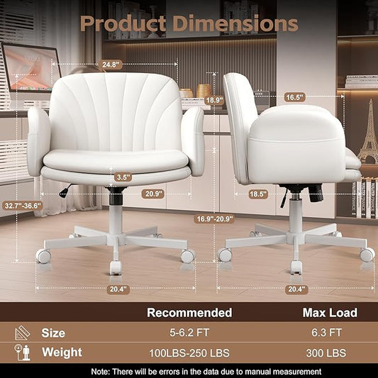 Vonesse Criss Cross Office Chair with Wheels & Armrests, Height Adjustable Vanity Chair, Makeup Chairs with Side Pockets Design, Comfortable Computer Desk Chairs for Home (PU Leather,White)