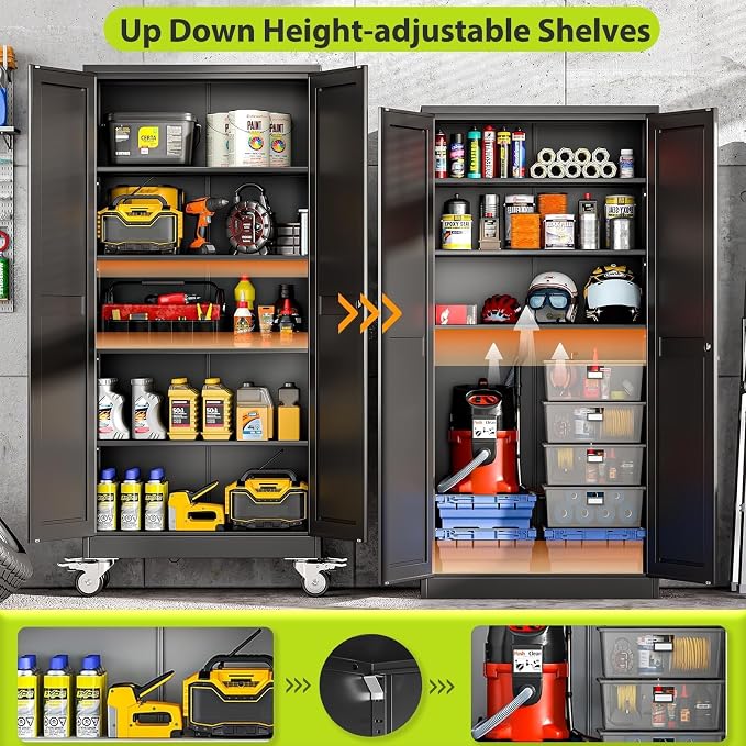 Metal Garage Storage Cabinet with Wheels, 70.9" H x 29.9" W x 15" D, Lockable Rolling Steel Tool Cabinet with Adjustable Shelves, Heavy Duty Garage Cabinet for Workshop, Basement, Home, Black