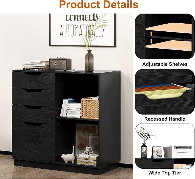 TQVAI 4 Drawer Filing Cabinet Organizer with 2 Open Shelves, Heavy Duty for Storing Letter A4 Size and Printer, Wood Lateral File Cabinets for Home Office, Hanging Files, Black, Easy Assembly