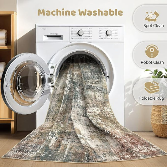7x9 Area Rug Washable Rugs: Living Room Large Abstract Modern Soft Stain Resistant Indoor Floor Non-Slip Accent Carpet for Bedroom Nursery Playroom Office Dining Room Dorm Home House- Green Red
