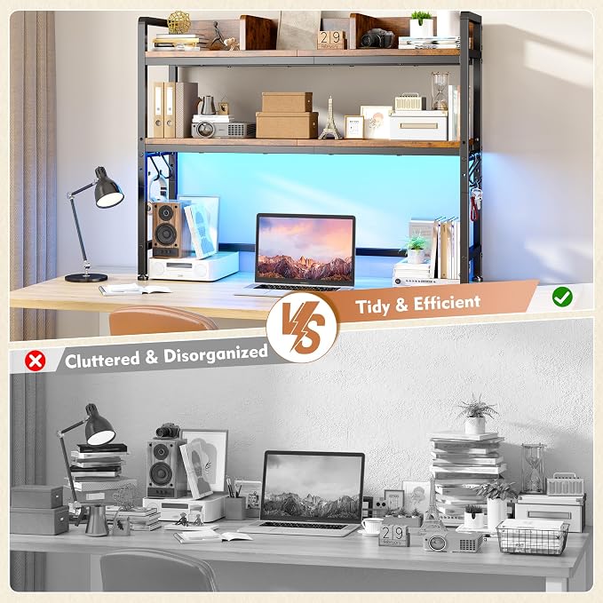 REIBII 35.5" Desk Shelf with LED Lights and Hooks,2-Tier Adjustable Multipurpose Solid Wood Desk Hutch Dorm,Desktop Organizer Rack with 3 Display Rack for Dorm,Office Home,Rustic Brown