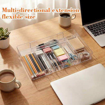 Briwooody 2 Pcs Large Expandable Acrylic Drawer Organizers, Grid Adjustable Drawer, Dividers Organizer for Desk, Makeup, Jewelry, Office, Kitchen Supplies (Clear,8 Compartments)