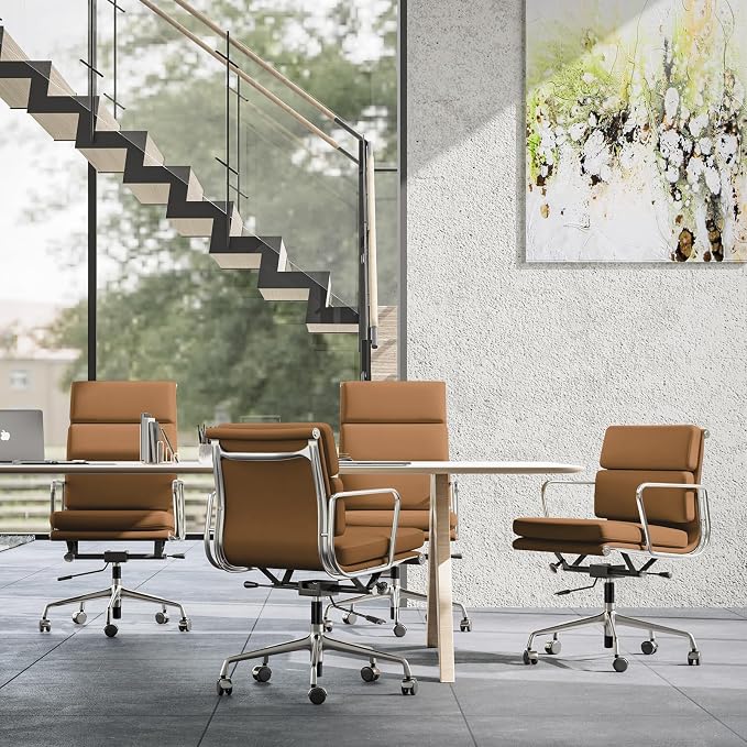 Genuine Leather Office Chair, Padded Mid Back Ergonomic Executive Desk Chair with Aluminum Arm Rest and Base, Swivel Wheels with Lumbar Support & Tilting Function, Hight Adjustable Light Brown