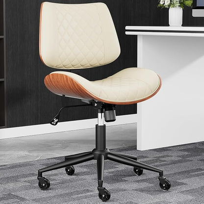 Home Office Desk Chair with Swivel Wheels, Mid-Century Modern PU Leather Armless Office Chair, Small Mid Back Computer Chair for Home Office, Meeting Room