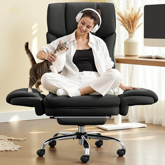 FelixKing Big and Tall Office Chair, 400LBS Wide Leather Executive Chair, Reversible Armrest for Pets Criss Cross Legged, 135° Reclining High Back Gaming Desk Chair with Lumbar Support Footrest, Black