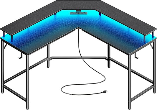 Huuger L Shaped Gaming Desk with Power Outlets & LED Lights, Computer Desk with Monitor Shelves, Home Office Desk, Corner Gaming Desk with Hooks, Black