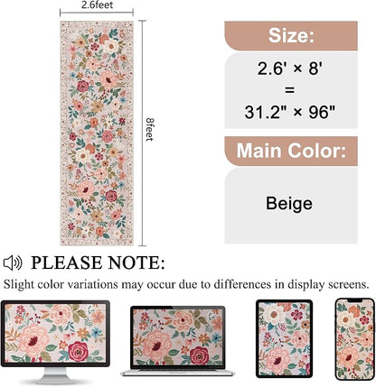 DUKINO Runner Rug, 2.6x8 Kitchen Runner Rug for Hallway with Non Slip Backing, Washable Low Pile Soft Boho Floral Carpet for Hallway, Kitchen, Entryway, Laundry, Bedroom, Beige