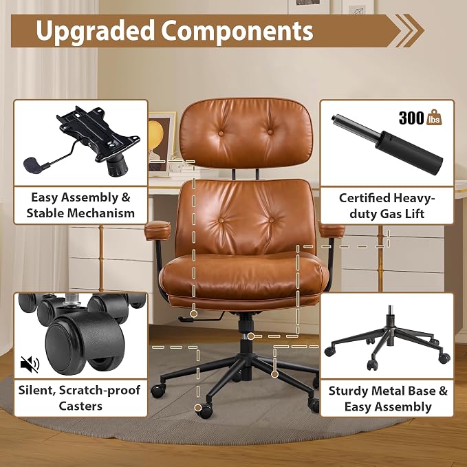 Home Office Chair,Ergonomic Computer Chair with Lumbar Support Adjustable Height,Mid-Century Modern Office Chair with Rolling Swivel Chair for Home Office Game Study(PU Leather Chair,Brown)