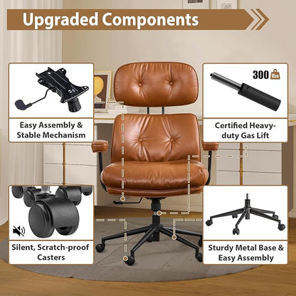 Home Office Chair,Ergonomic Computer Chair with Lumbar Support Adjustable Height,Mid-Century Modern Office Chair with Rolling Swivel Chair for Home Office Game Study(PU Leather Chair,Brown)