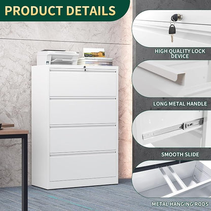 4 Drawer Lateral File Cabinet with Lock, Metal File Cabinets for Home Office, Steel Heavy-Duty Filing Storage Cabinet for Letters/Legal/A4 (Require Assembly, White)