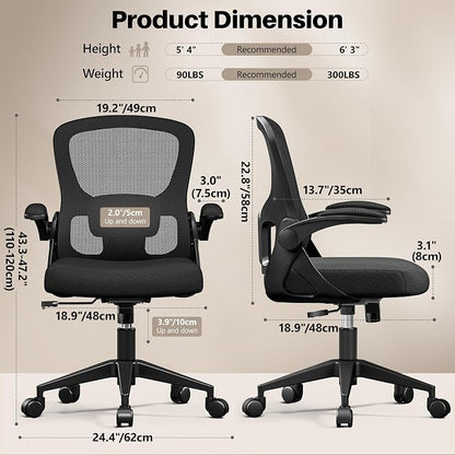 Office Chair Ergonomic Desk Chair, Adjustable Lumbar Support Rolling Swivel Comfy Chair with Space-Saving Flip Up Armrests,Mesh Gaming Chair for Business Work Office & Home, Black 6pcs