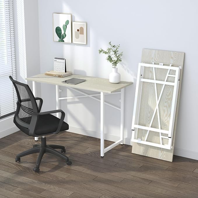 Lutown-Teen 47 inch Folding Desk, Writing Gaming Computer Camping Table, No Assembly Required Home Office Desk, Natural and White