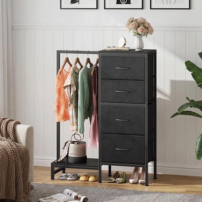 HIGDBFE Dresser with Hanging Rack, 4 Drawers Small Closet for Bedroom, Reversible Fabric Kids Chest of Drawers with Clothes Rack, Tall Storage Tower, Sturdy Frame, Black, 44''H