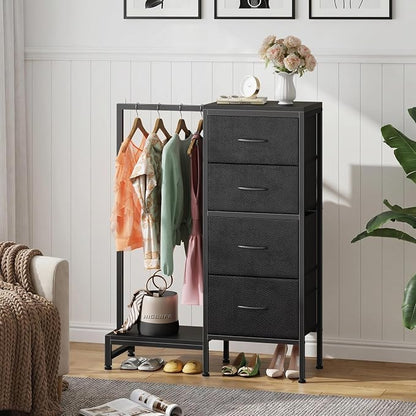 HIGDBFE Dresser with Hanging Rack, 4 Drawers Small Closet for Bedroom, Reversible Fabric Kids Chest of Drawers with Clothes Rack, Tall Storage Tower, Sturdy Frame, Black, 44''H