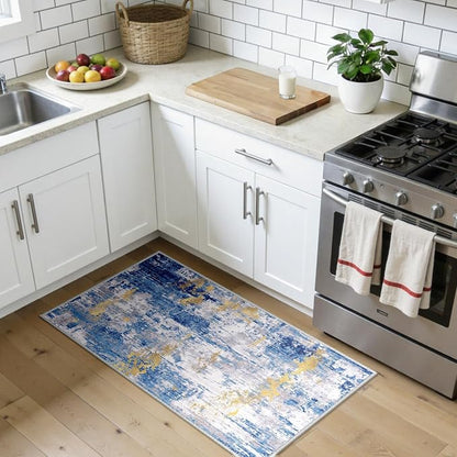 RELEANY Washable Area Rugs 2'x4' Non-Slip Modern Abstract Soft for Living Room Entryway Bedroom Kitchen, Print Pattern, Grey Blue Gold/Golden