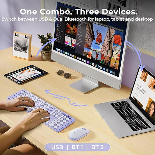 seenda COE202 Wireless Bluetooth Keyboard and Mouse Combo, Lilac Purple | USB & Dual Bluetooth for 3-Device Switching, Soft Quiet Round Keys, Silent Clicks, Full-Size for PC/Laptop/Mac/MacBook/iPad