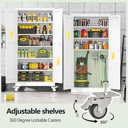 Metal Garage Storage Cabinets and storage system, 74”Tall Rolling utility cabinet with Wheels, Lock, 5 Adjustable Shelves, Heavy Duty Steel Tool Locker for Home Office, Utility Room, Gym,White
