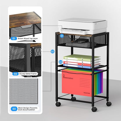Cawukege 3 Tier Printer Stand, Mobile Table with Wheels, Printer Shelf Rolling Cart with Storage Desk Organizer Hanging File for Office Home, Brown
