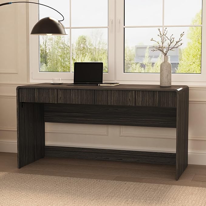 Manhattan Comfort Novara Modern 60" Writing Desk with 2 Smooth-Glide Drawers with Fluted Fronts, Office Desk with Large Work Surface, Stylish Rounded Edges, Jacobean Walnut