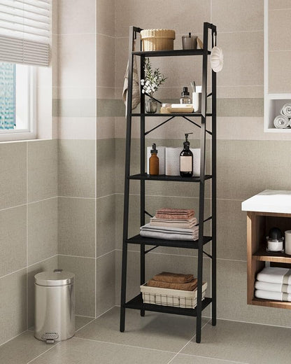 Hzuaneri Ladder Shelf, Bookshelf Bookcase, Freestanding Corner Storage Shelve with 2 Hooks for Home Office, Living Room, Kitchen, Bedroom, Industrial, 11.8" D x 17.3" W x 63" H, Black BC19204B