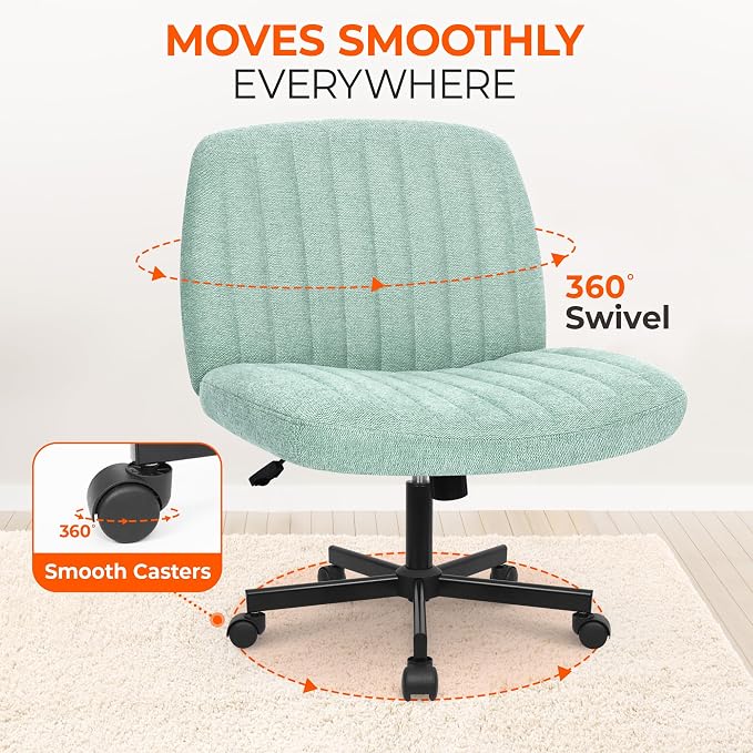 Orange Factory Criss Cross Chair Wheels Wide Cross Legged Office Desk Vanity Chair Comfy Fabric Armless Adjustable Swivel for Home Computer Task (Mint Wheel, Fabric)