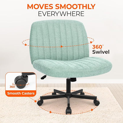 Orange Factory Criss Cross Chair Wheels Wide Cross Legged Office Desk Vanity Chair Comfy Fabric Armless Adjustable Swivel for Home Computer Task (Mint Wheel, Fabric)