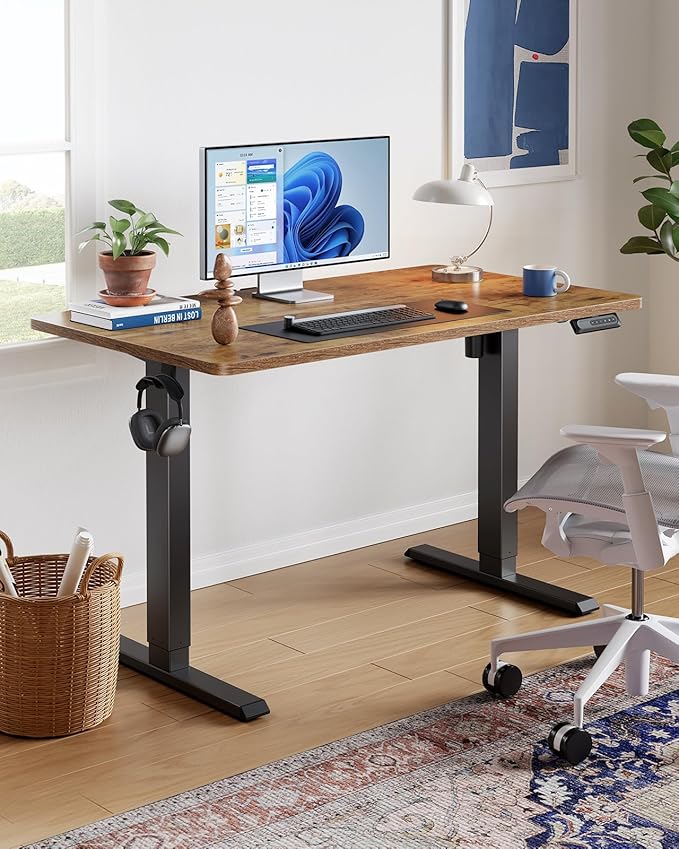 HUANUO Electric Standing Desk,47" x 28" Height Adjustable Desk, 4 Memory Height Settings, Sit to Stand Up Desk for Home Office, with Headphone Hook, Cable Manager, Black