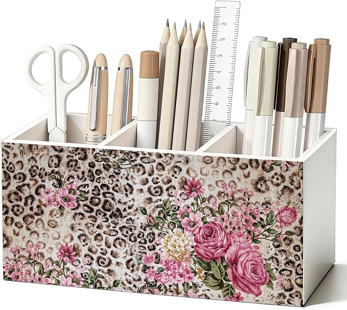Vintage Leopard Print Floral Pen Pencil Holder for Desk, Leopard Gifts for Women, Cheetah Room Decor Wooden Box Sign Decorations for Home Office Girls Room Bedroom Desk Tabletop