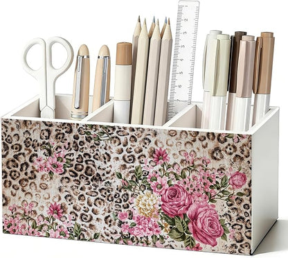 Vintage Leopard Print Floral Pen Pencil Holder for Desk, Leopard Gifts for Women, Cheetah Room Decor Wooden Box Sign Decorations for Home Office Girls Room Bedroom Desk Tabletop
