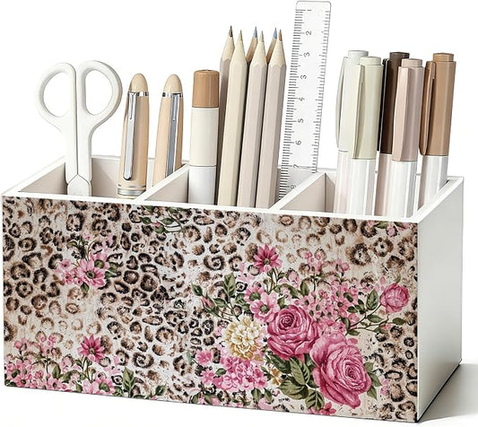 Vintage Leopard Print Floral Pen Pencil Holder for Desk, Leopard Gifts for Women, Cheetah Room Decor Wooden Box Sign Decorations for Home Office Girls Room Bedroom Desk Tabletop