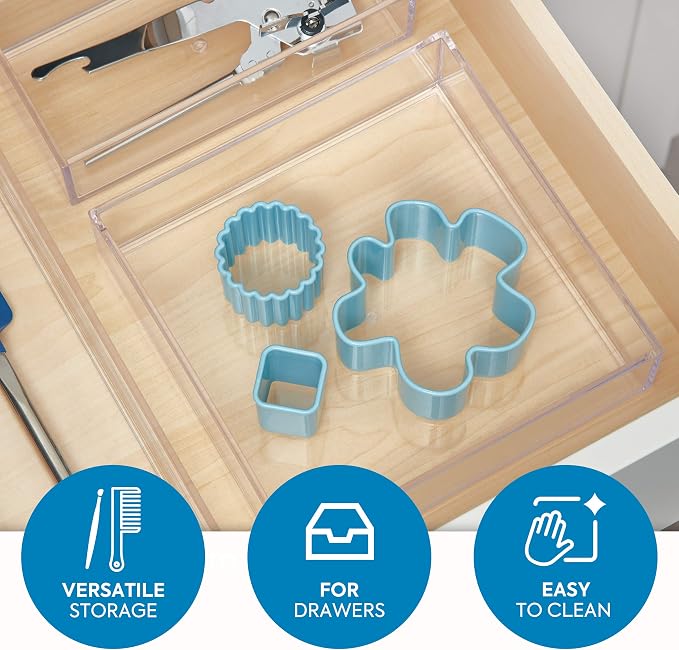 iDesign Clarity Kitchen Drawer Organizer, 8" x 8" x 2", Clear | For Silverware, For Spatulas, For Gadgets, Medium