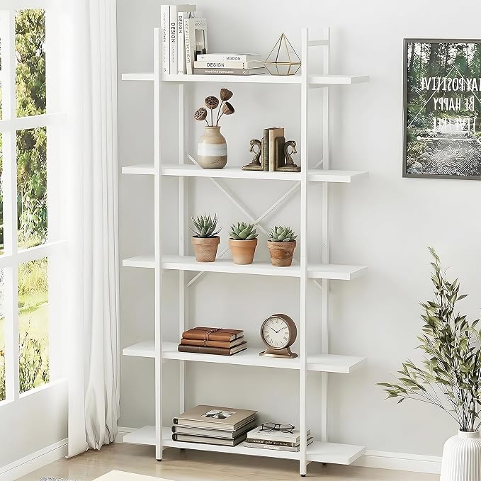 Bookshelf 5 Tiers White Wooden Storage Shelf,Modern Open Display Storage Bookcase Book Organizer,Metal Bookshelf Standing Storage Shelf Tall Shelving Units for Home Office Study