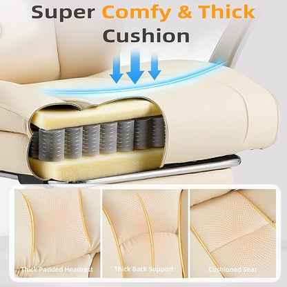 HOMREST Big and Tall Heavy Duty Office Chair 550LBS, Ergonomic Leather Executive Chair with 155° Recline, Large Back Pocket &Footrest, Computer Desk Chair for Heavy People, Beige
