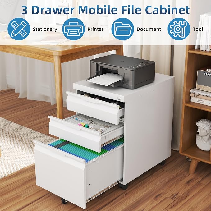 3 Drawer White Mobile File Cabinet with Wheels, Metal Small Filing Cabinets for Home Office Organizer,Rolling Filing Cabinets Under Desk Storage for Letter/Legal/A4 Files