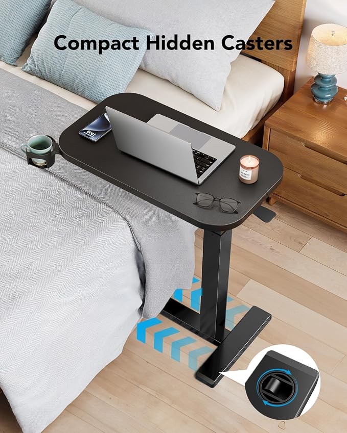 HUANUO 28Inch Bedside Table with Wheels, Height-Adjustable Rolling Computer Cart, Overbed Table with Cup Holder, Pneumatic Laptop Standing Desk for Home Office, Black