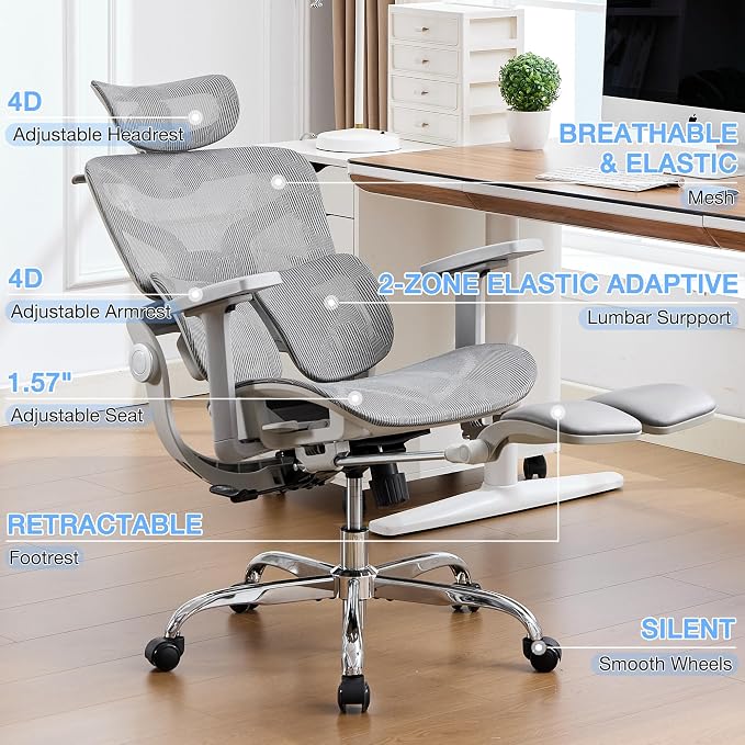 Ergonomic MeshOffice Chair with 2-Zone Lumbar Support and Footrest,Grey | Big and Tall, 400LBS, Adjustable Seat Depth, 4D Headrest, 4D Armrests Swivel Executive Chair for Home Office