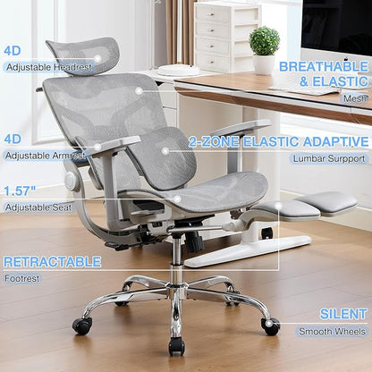 Ergonomic MeshOffice Chair with 2-Zone Lumbar Support and Footrest,Grey | Big and Tall, 400LBS, Adjustable Seat Depth, 4D Headrest, 4D Armrests Swivel Executive Chair for Home Office