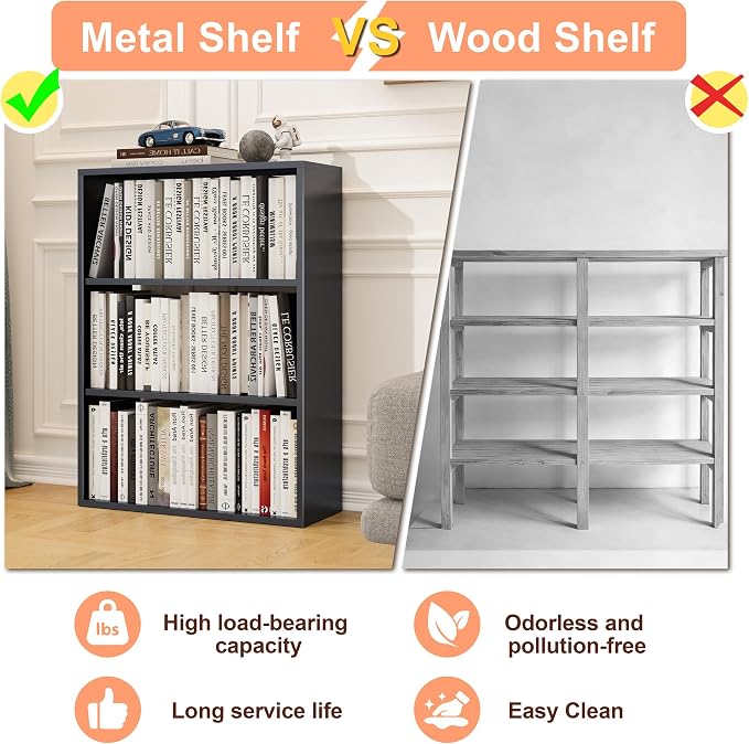 OSEILLC 4-Tier Steel Standing Book Shelf, Multipurpose Open Storage Rack for Entryway, Living Room, Bedroom, Garage，Metal Bookshelf/Bookcase,Small Shelf (Black, 32.7" Hx23.6 Wx11 D)